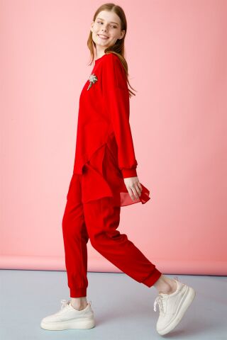 Ghisa Chiffon Detailed Sweat Shirt Pants Set RED