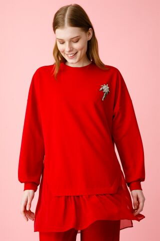 Ghisa Chiffon Detailed Sweat Shirt Pants Set RED