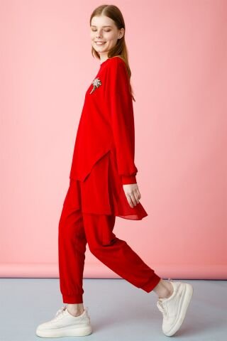 Ghisa Chiffon Detailed Sweat Shirt Pants Set RED