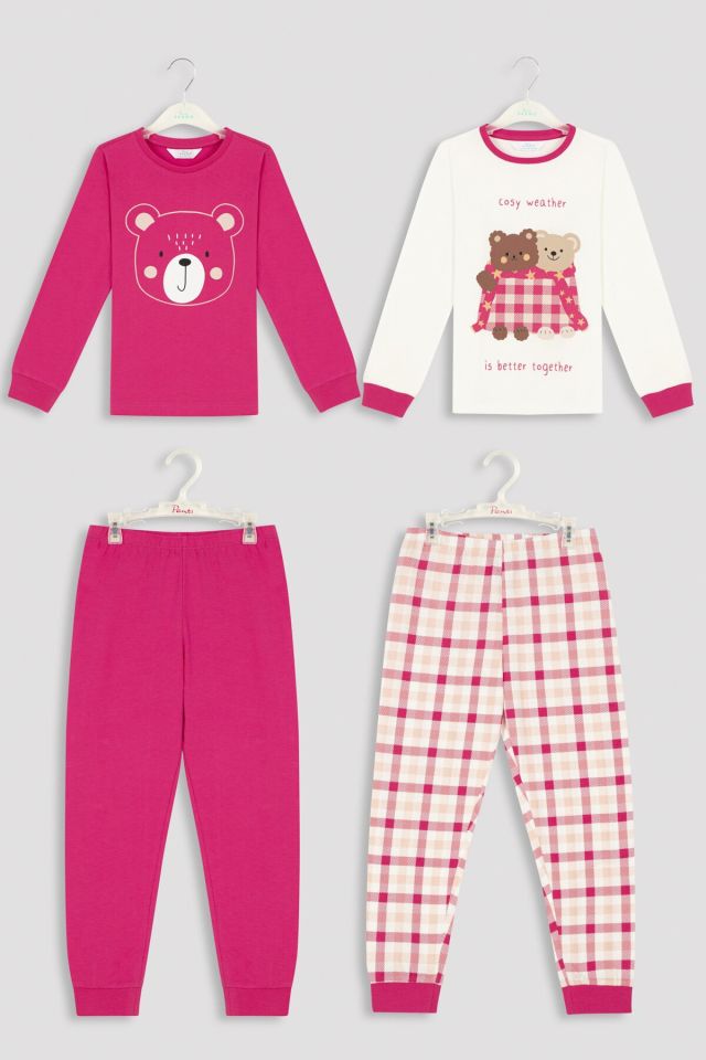 Çok Renkli Kız Çocuk Cosy Bear 2li Pijama Takımı