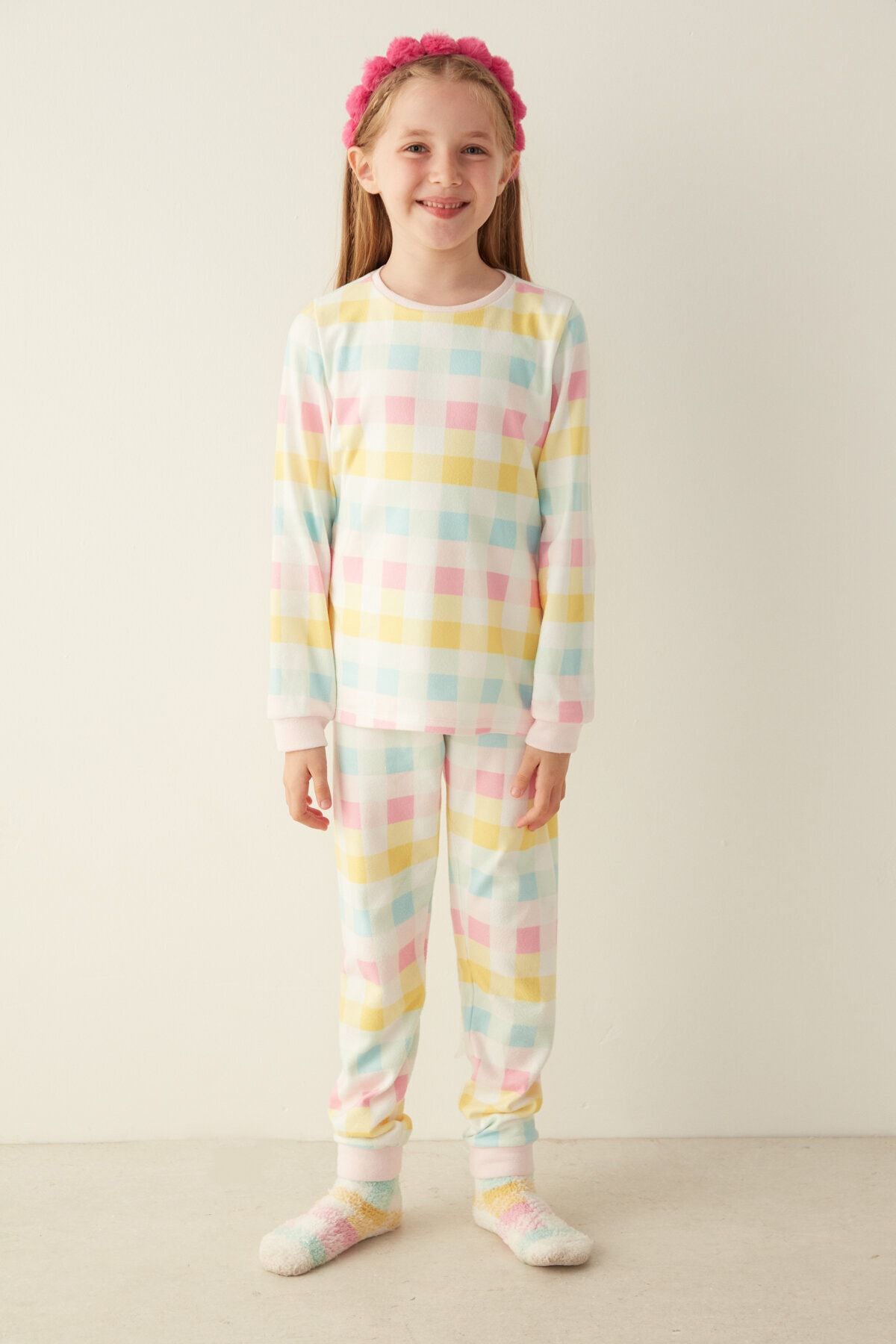 Beyaz Girls Gingham Termal Pijama Takımı