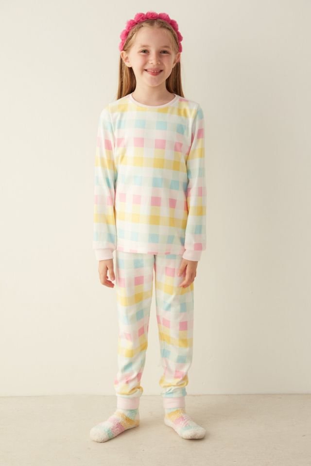 Beyaz Girls Gingham Termal Pijama Takımı