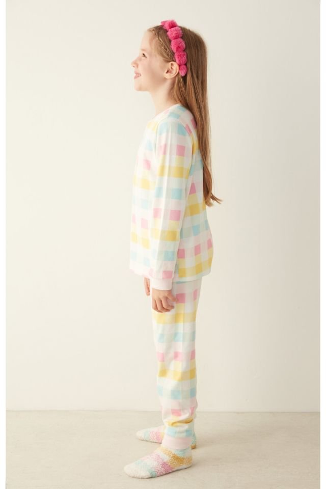 Beyaz Girls Gingham Termal Pijama Takımı