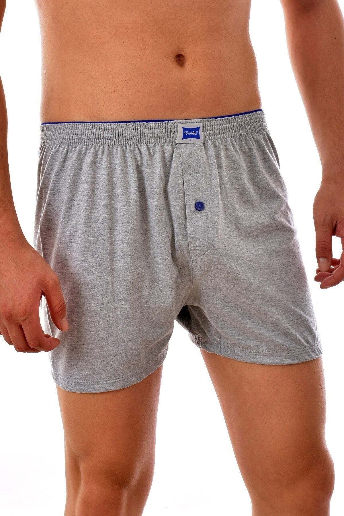 Erkek Gri Pamuklu Düğmeli Paçalı Boxer Külot 6'lı Paket