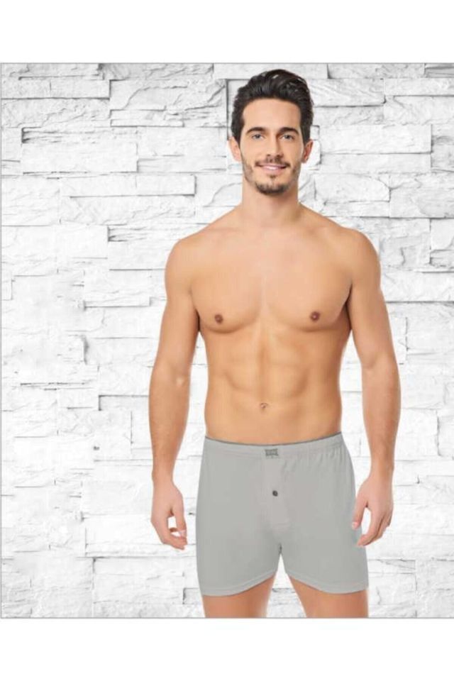 Erkek Gri Pamuklu Düğmeli Paçalı Boxer Külot 6'lı Paket